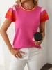 Round Neck Contrast Color Short Sleeve Knit Top sold by Allegra K