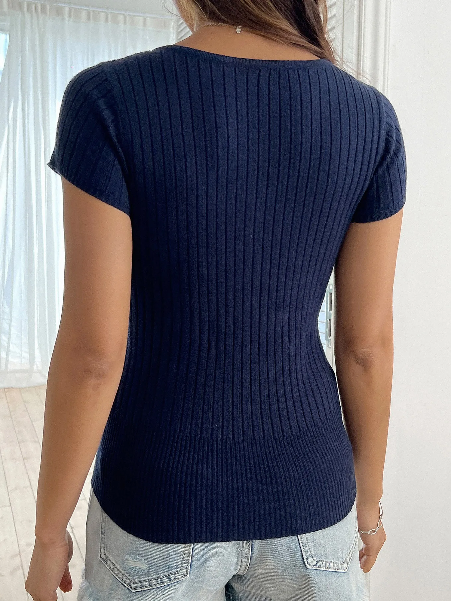 Solid Color U Neck Short Sleeve Knit Top sold by Allegra K product image thumbnail 2