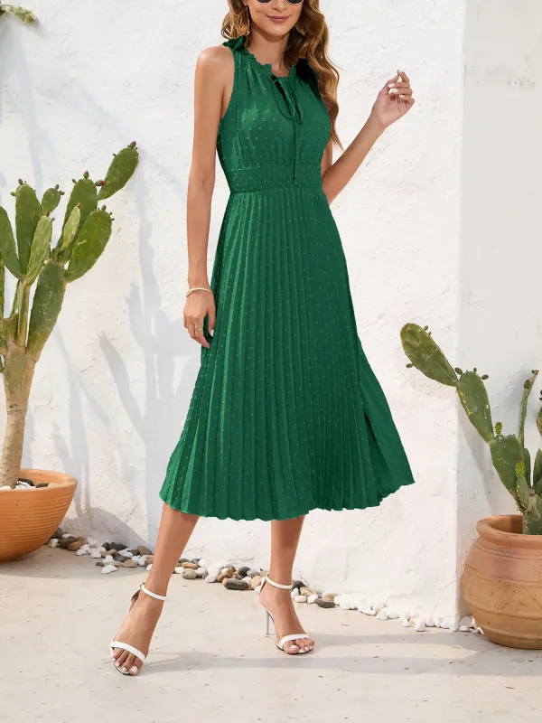 Swiss Dots Ruffled Lace-Up Smocked Pleated Midi Dress sold by Allegra K