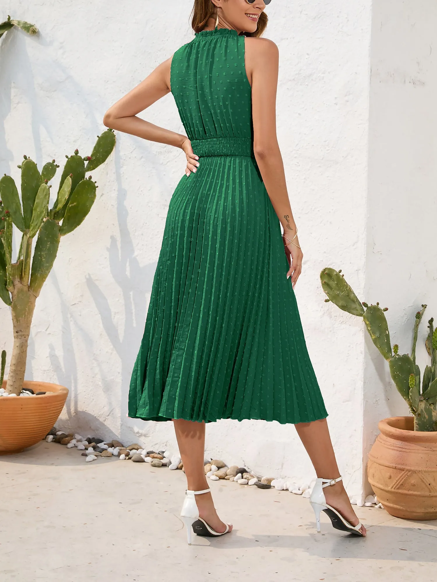 Swiss Dots Ruffled Lace-Up Smocked Pleated Midi Dress sold by Allegra K product image thumbnail 3