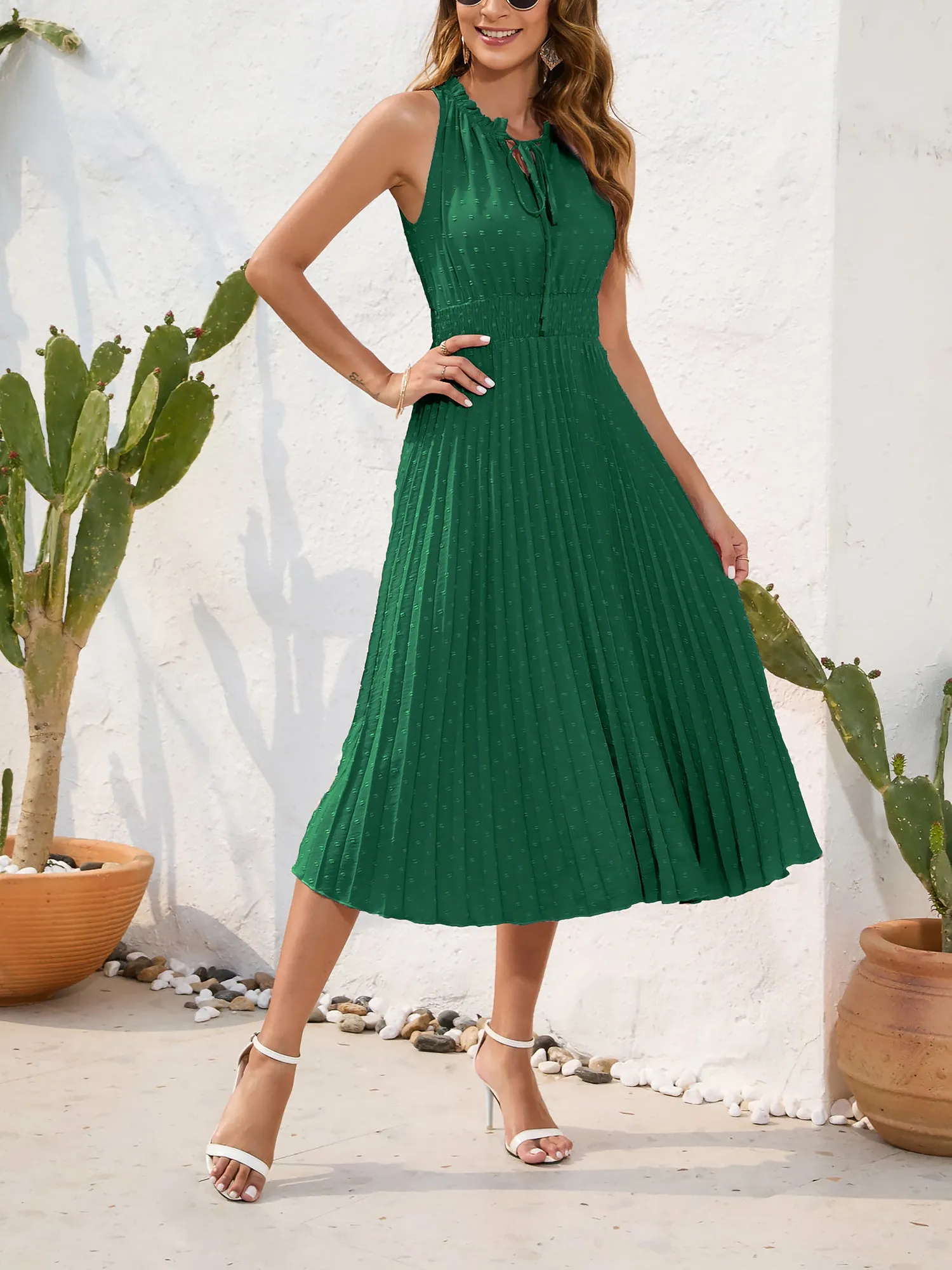 Swiss Dots Ruffled Lace-Up Smocked Pleated Midi Dress sold by Allegra K product image thumbnail 2