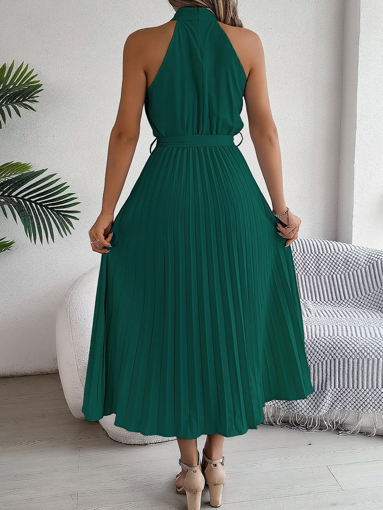 Halter Neck Sleeveless Lace-Up Pleated Midi Dress sold by Allegra K product image thumbnail 5
