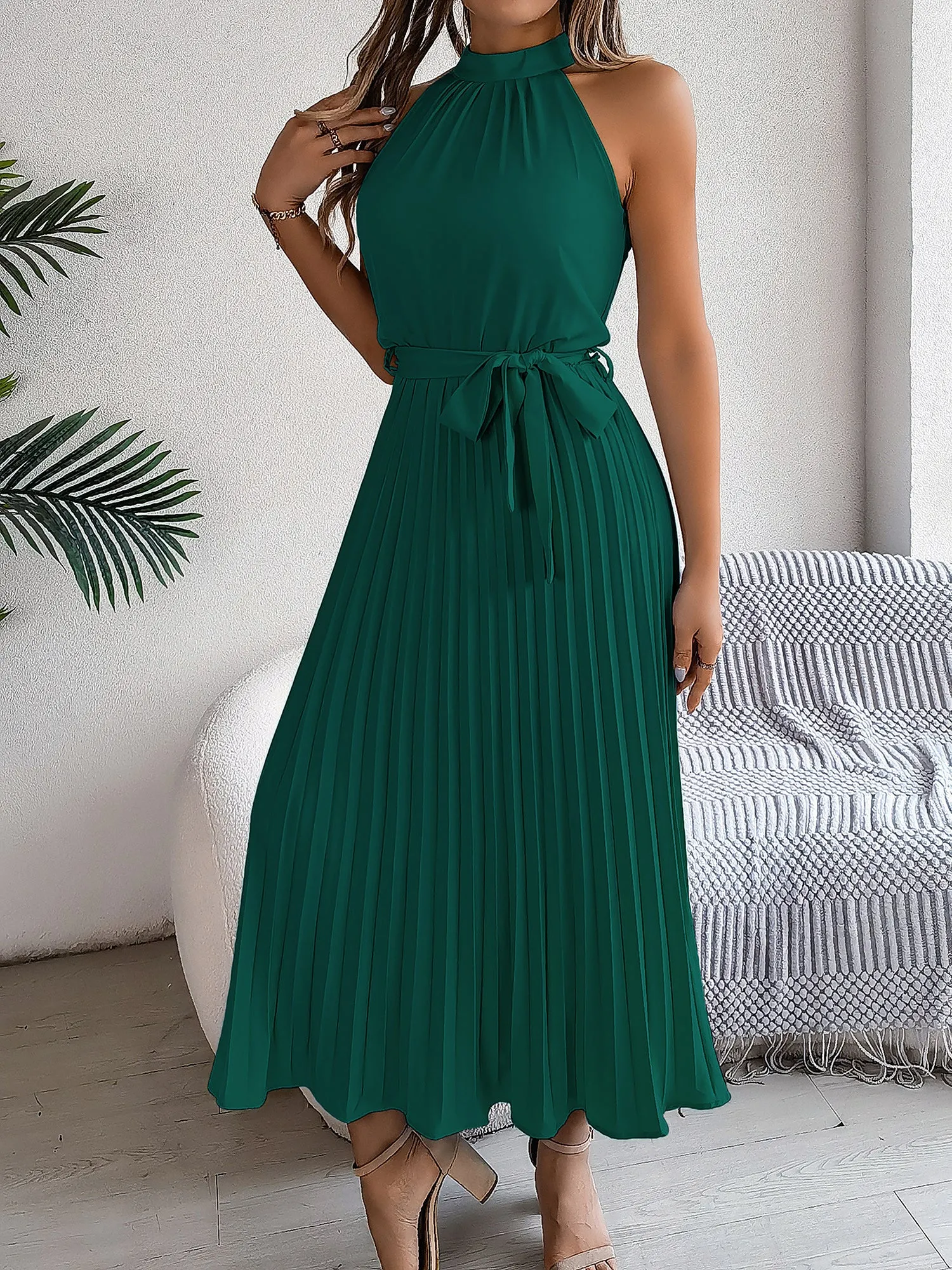 Halter Neck Sleeveless Lace-Up Pleated Midi Dress sold by Allegra K product image thumbnail 3