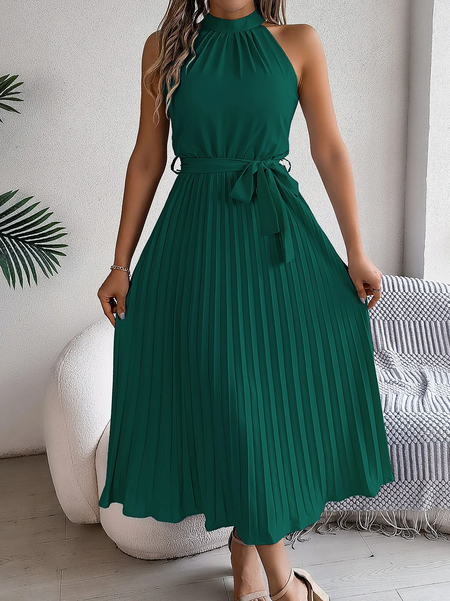 Halter Neck Sleeveless Lace-Up Pleated Midi Dress sold by Allegra K product image thumbnail 4