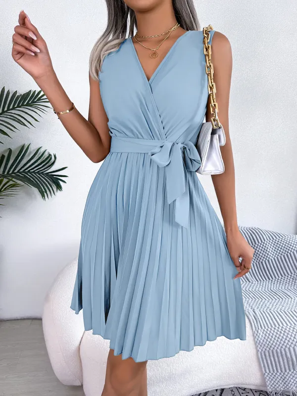 V Neck Sleeveless Lace-Up Pleated Above Knee Dress sold by Allegra K
