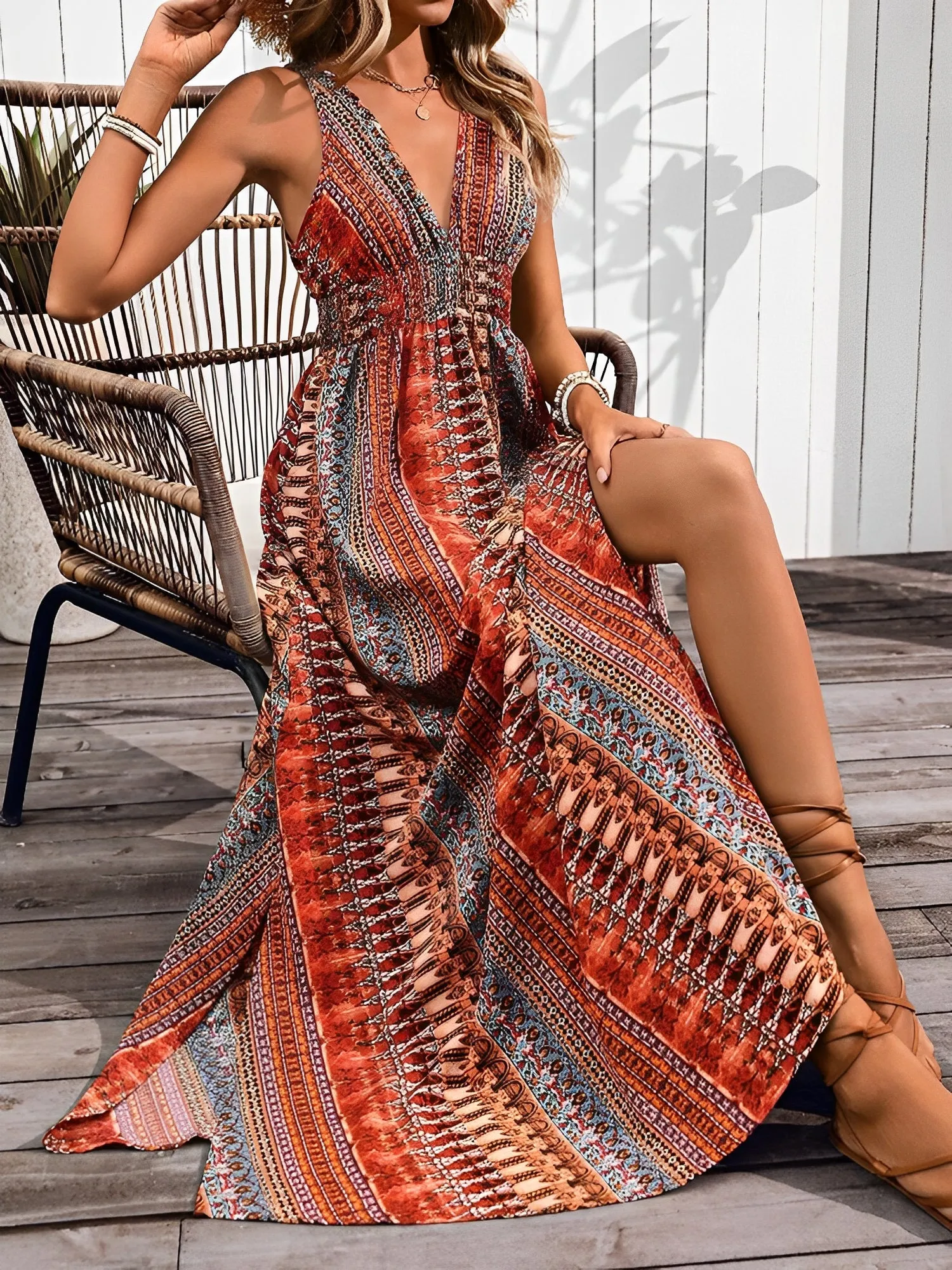 Boho Deep V Neck Sleeveless Slit Maxi Resort Dress sold by Allegra K product image thumbnail 5