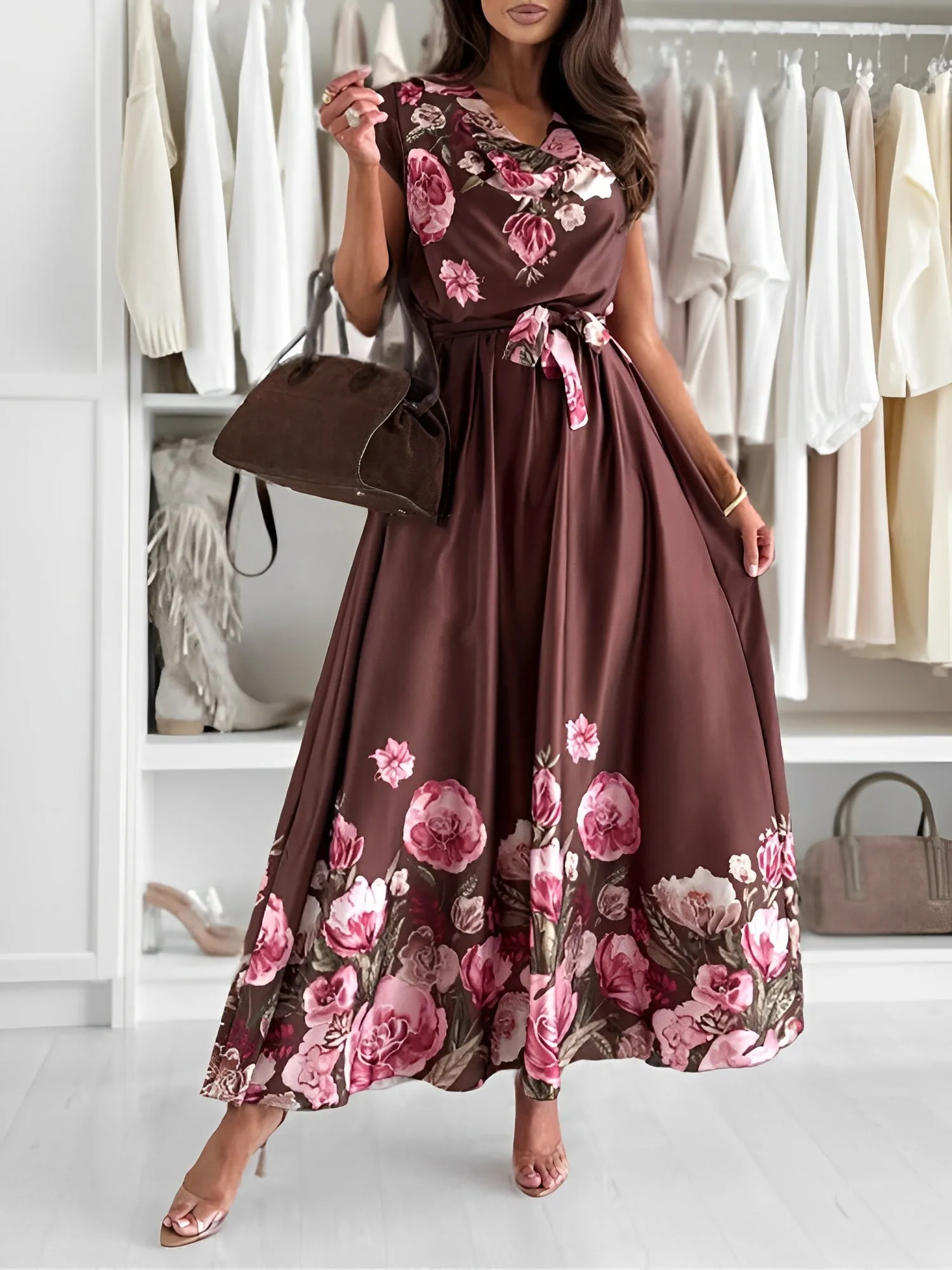 Floral Cowl Neck Cap Sleeves Maxi Dress sold by Allegra K product image thumbnail 5