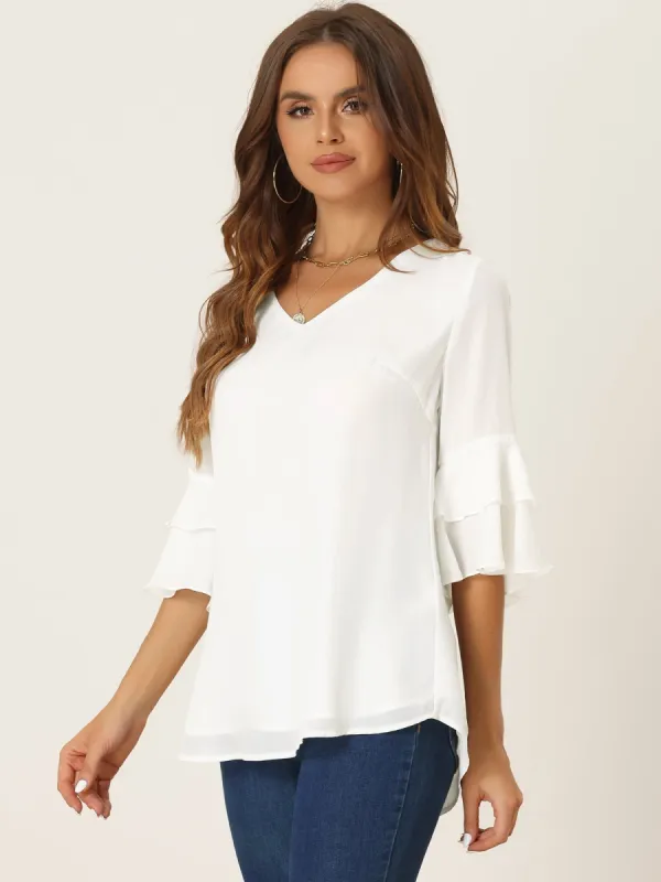 Casual V Neck Ruffle Tiered Bell Sleeve Loose Tunic Blouse sold by Allegra K
