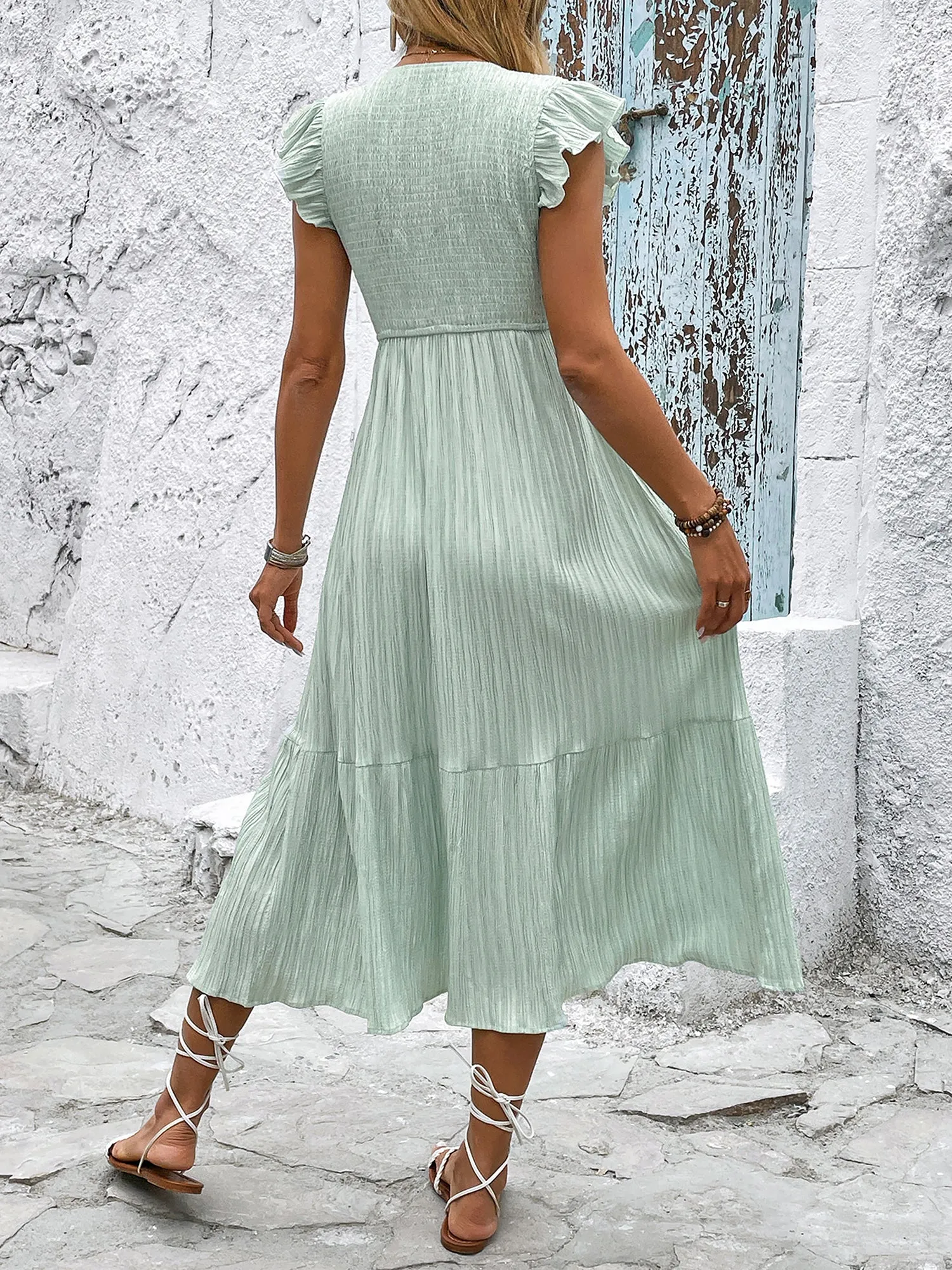 Ruffled Sleeves V Neck Smocked Slit Midi Dress sold by Allegra K product image thumbnail 4