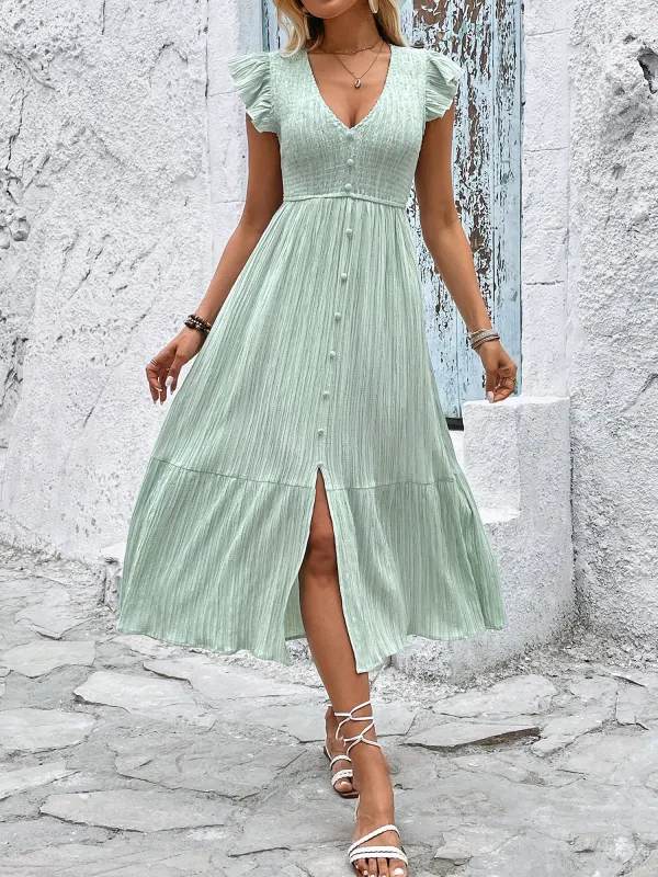 Ruffled Sleeves V Neck Smocked Slit Midi Dress sold by Allegra K
