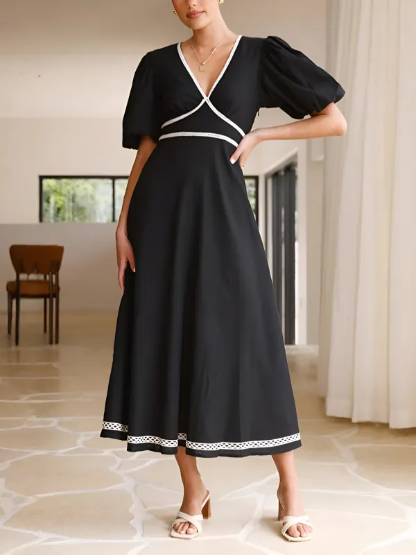 V Neck Stitching Lace Puff Sleeve Midi Dress sold by Allegra K