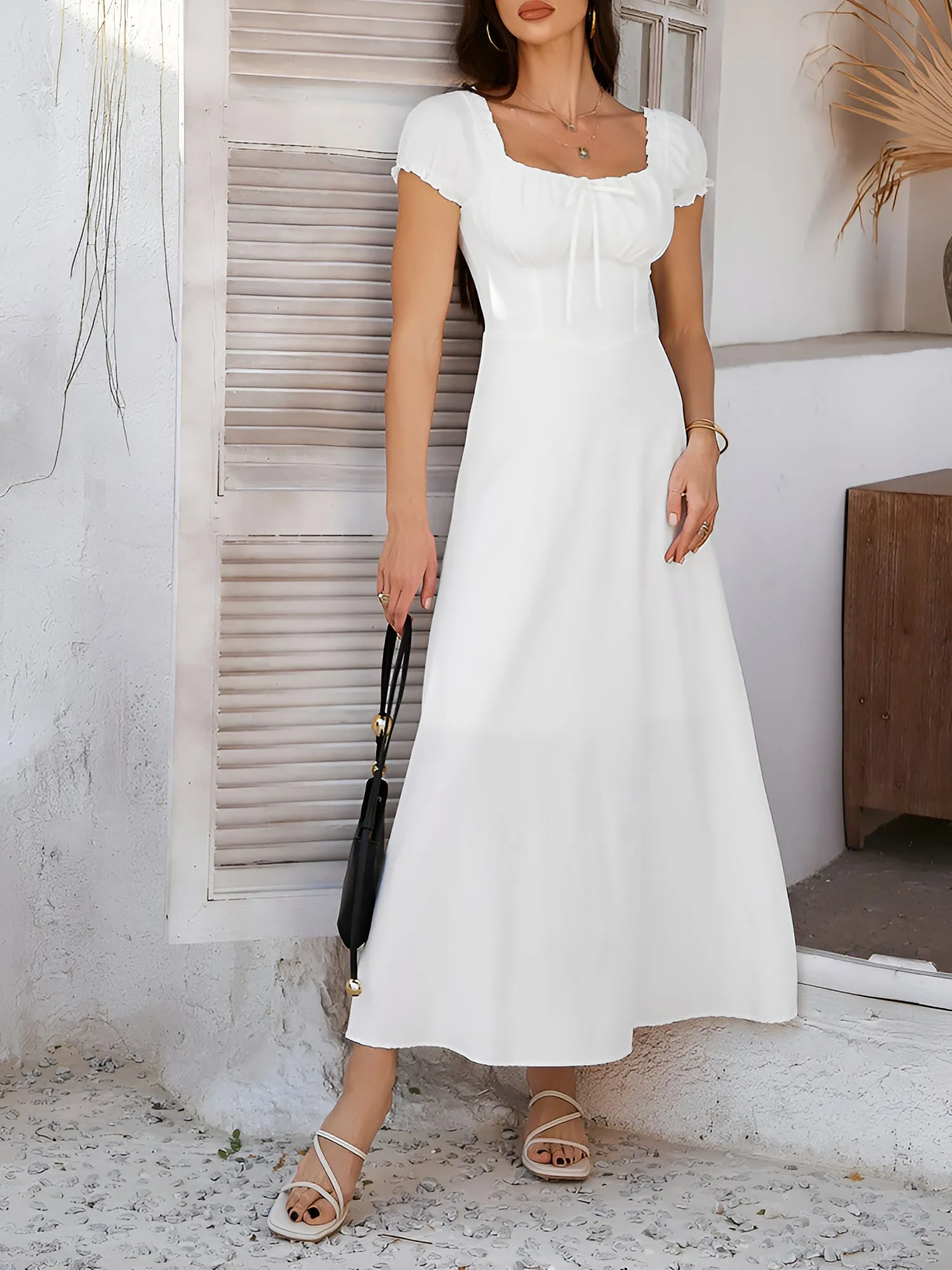 Solid Color Lace-Up Puff Sleeve Maxi Dress sold by Allegra K product image thumbnail 4