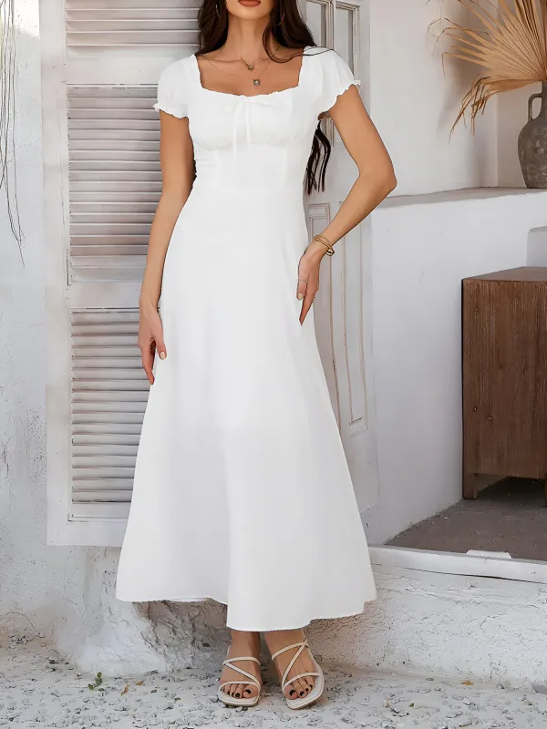 Solid Color Lace-Up Puff Sleeve Maxi Dress sold by Allegra K