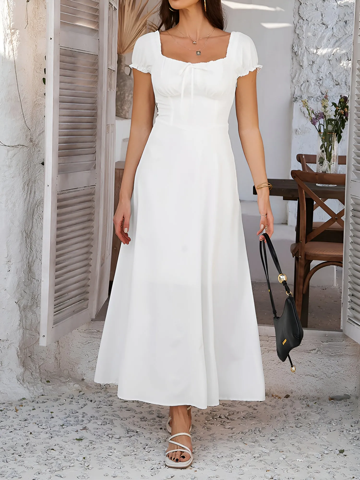 Solid Color Lace-Up Puff Sleeve Maxi Dress sold by Allegra K product image thumbnail 3