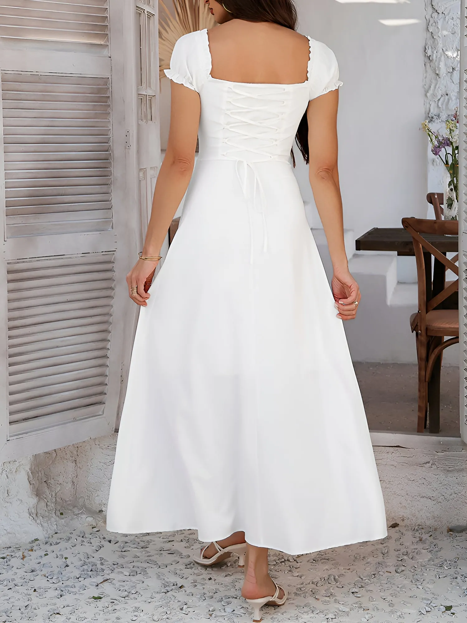 Solid Color Lace-Up Puff Sleeve Maxi Dress sold by Allegra K product image thumbnail 2