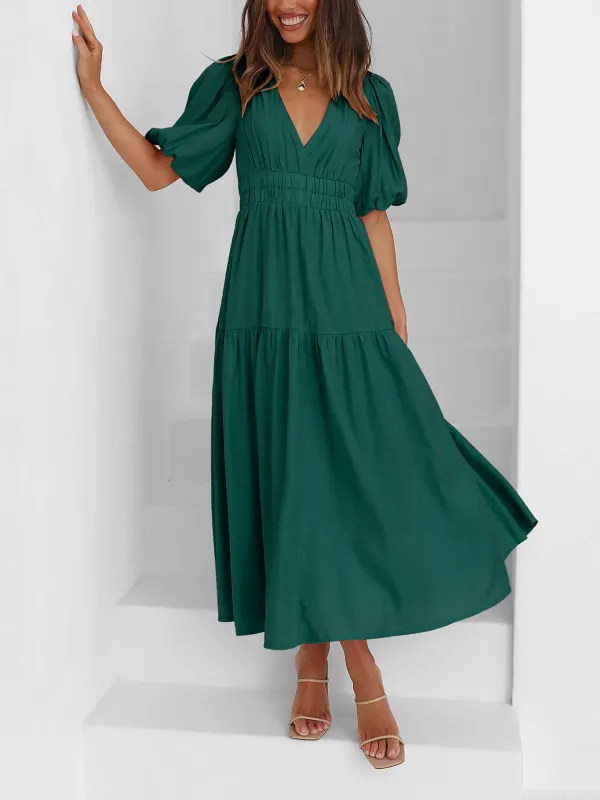 Solid Color V Neck Lantern Sleeve Tiered Maxi Dress sold by Allegra K