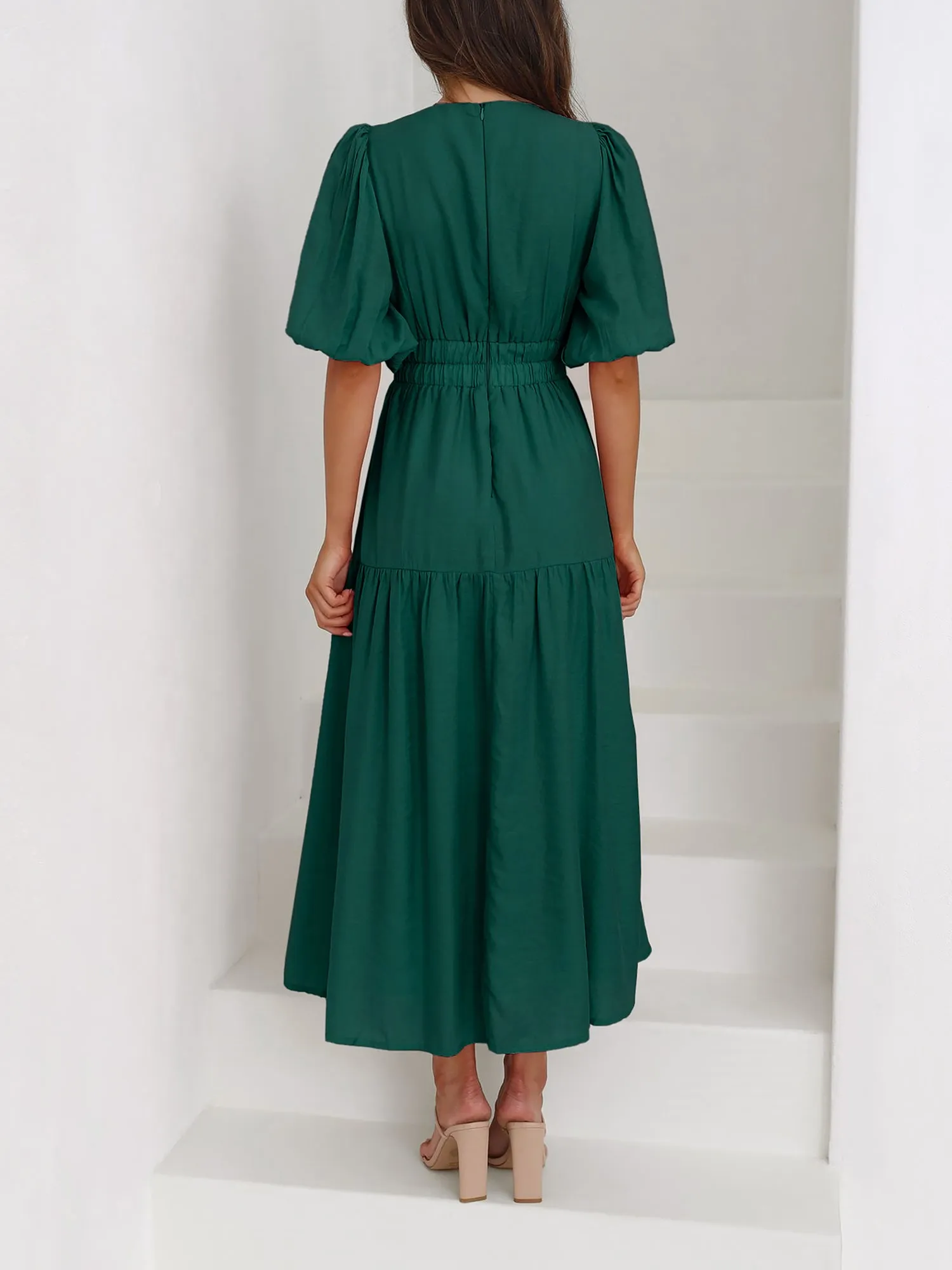 Solid Color V Neck Lantern Sleeve Tiered Maxi Dress sold by Allegra K product image thumbnail 5