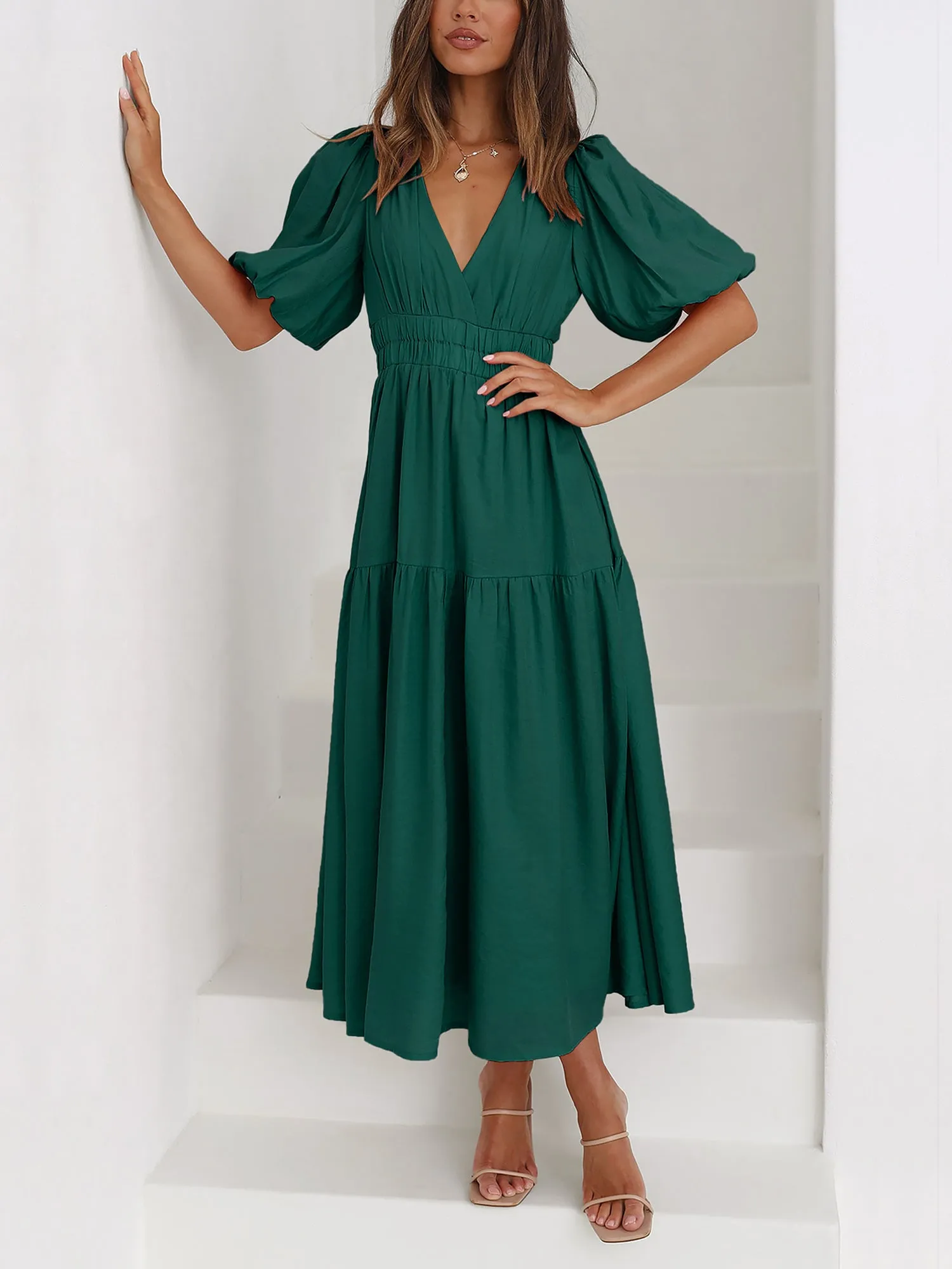 Solid Color V Neck Lantern Sleeve Tiered Maxi Dress sold by Allegra K product image thumbnail 3