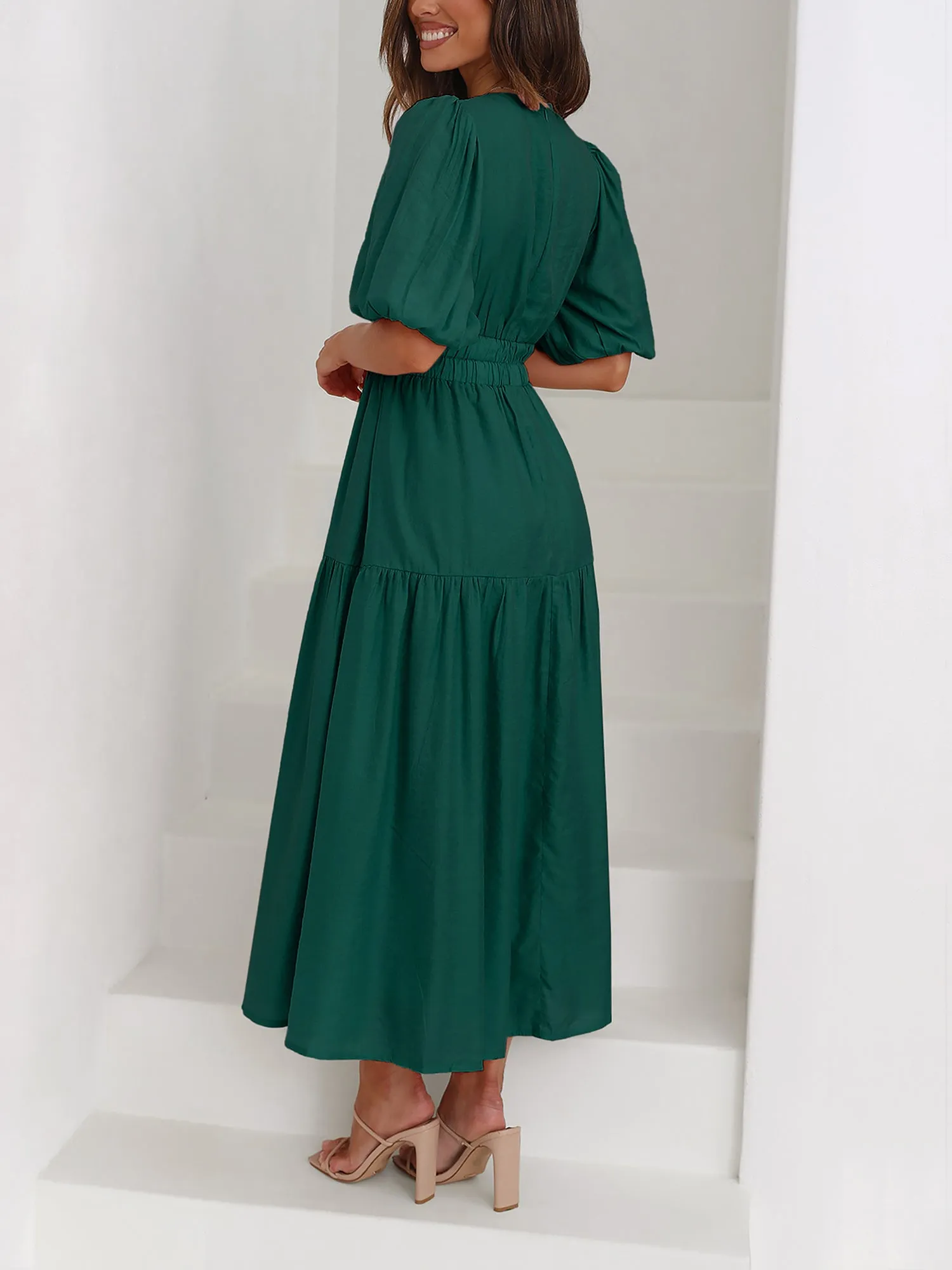Solid Color V Neck Lantern Sleeve Tiered Maxi Dress sold by Allegra K product image thumbnail 4
