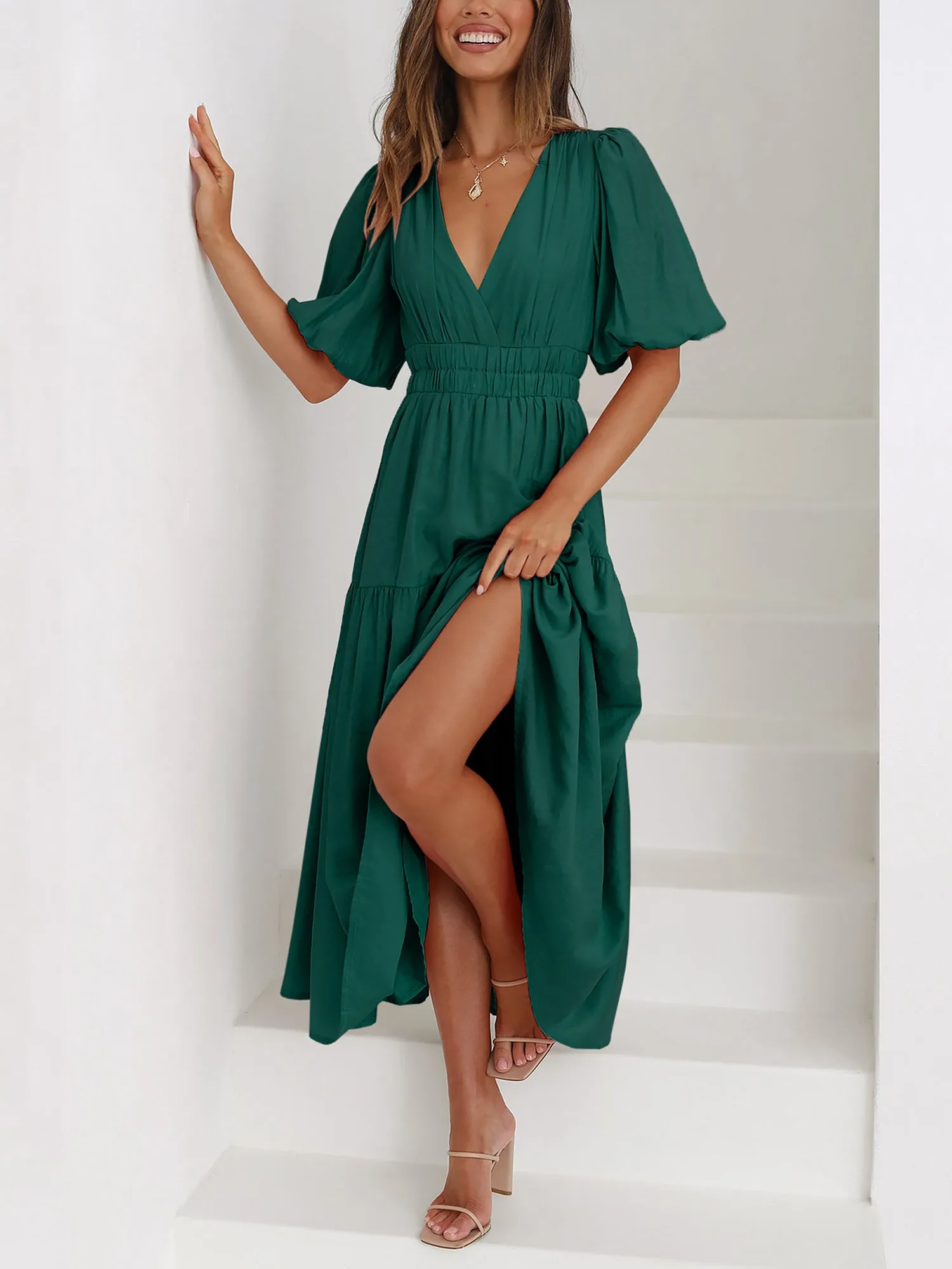 Solid Color V Neck Lantern Sleeve Tiered Maxi Dress sold by Allegra K product image thumbnail 2