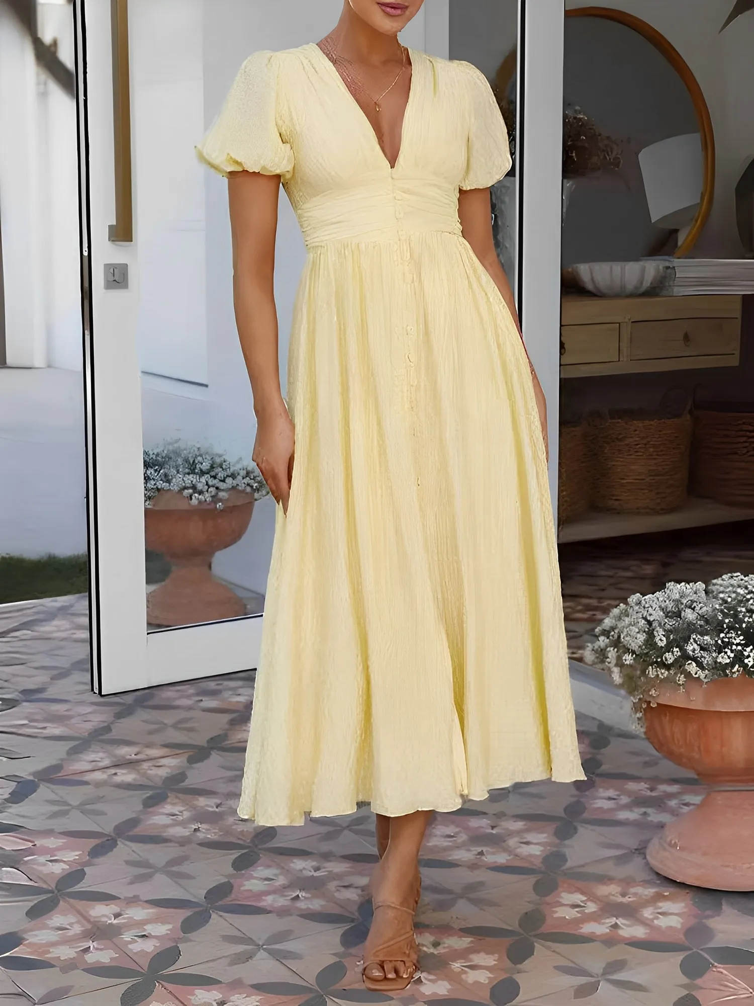 Wrinkle-Resistant Polyester Solid Color V Neck Puff Sleeve Textured Midi Office Dress sold by Allegra K product image thumbnail 3