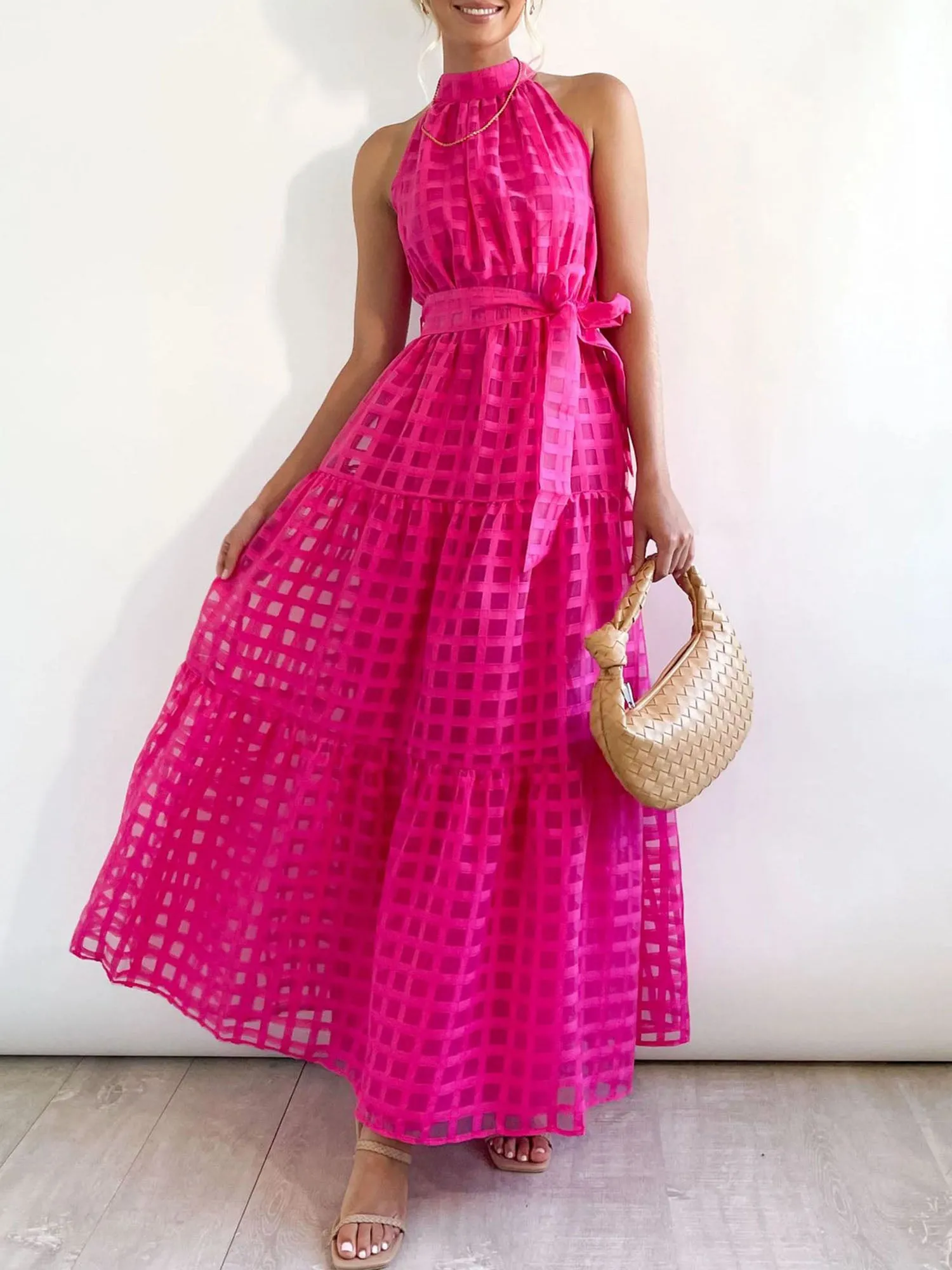 Halter Neck Sleeveless Tie Waist Tiered Maxi Dress sold by Allegra K