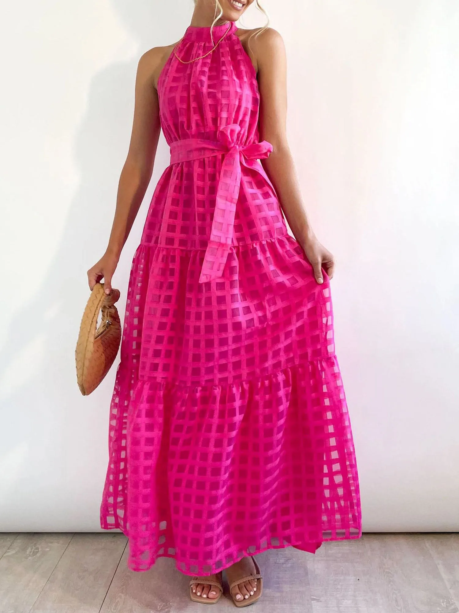 Halter Neck Sleeveless Tie Waist Tiered Maxi Dress sold by Allegra K product image thumbnail 5