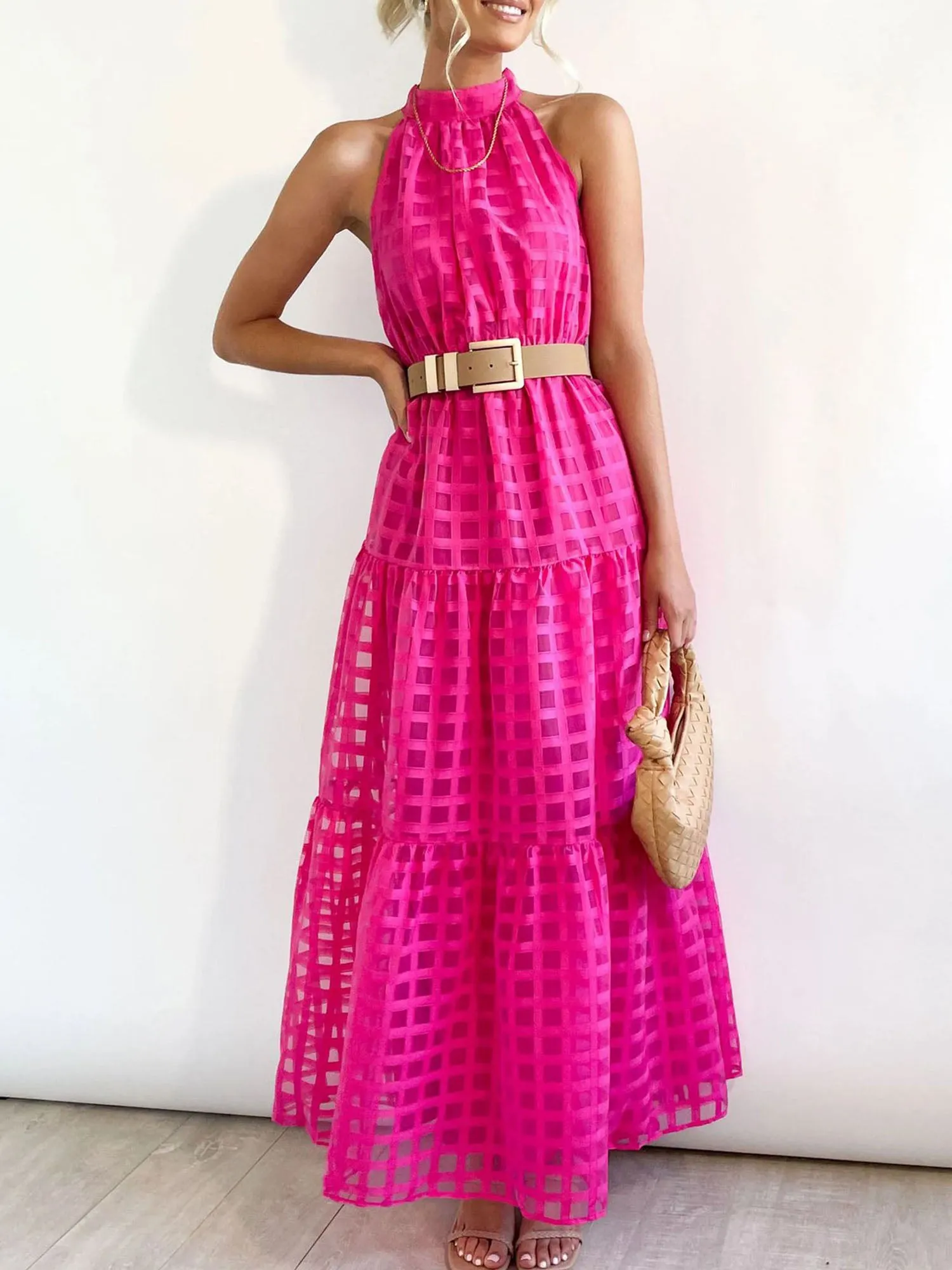 Halter Neck Sleeveless Tie Waist Tiered Maxi Dress sold by Allegra K product image thumbnail 3