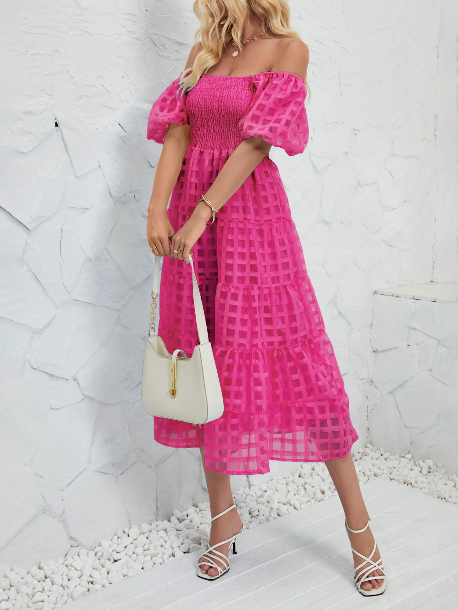 Puff Short Sleeve Off Shoulder Smocked Midi Dress sold by Allegra K product image thumbnail 4