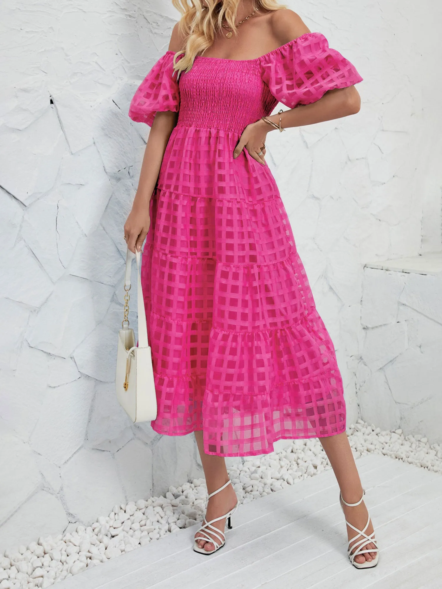 Puff Short Sleeve Off Shoulder Smocked Midi Dress sold by Allegra K product image thumbnail 5