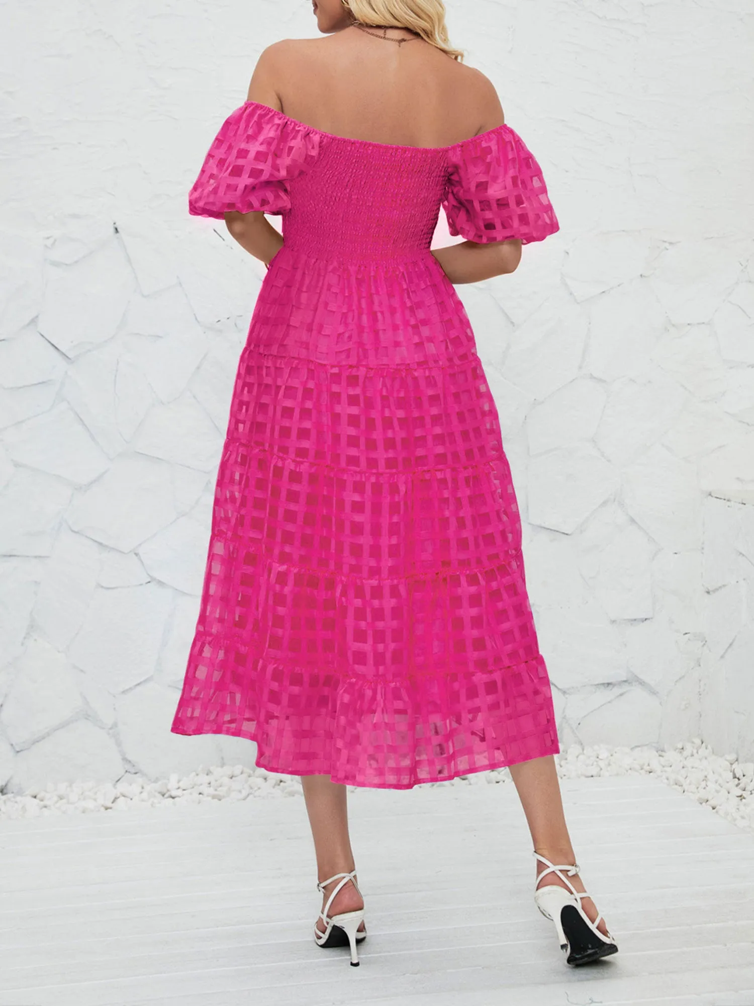 Puff Short Sleeve Off Shoulder Smocked Midi Dress sold by Allegra K product image thumbnail 2