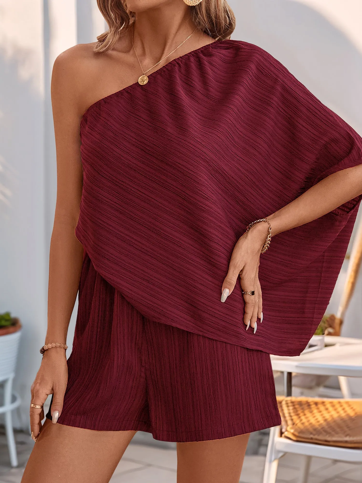 Textured One Shoulder Solid Color Rompers sold by Allegra K product image thumbnail 3