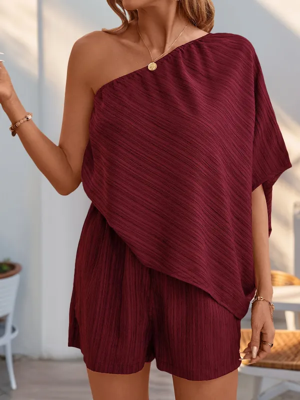Textured One Shoulder Solid Color Rompers sold by Allegra K