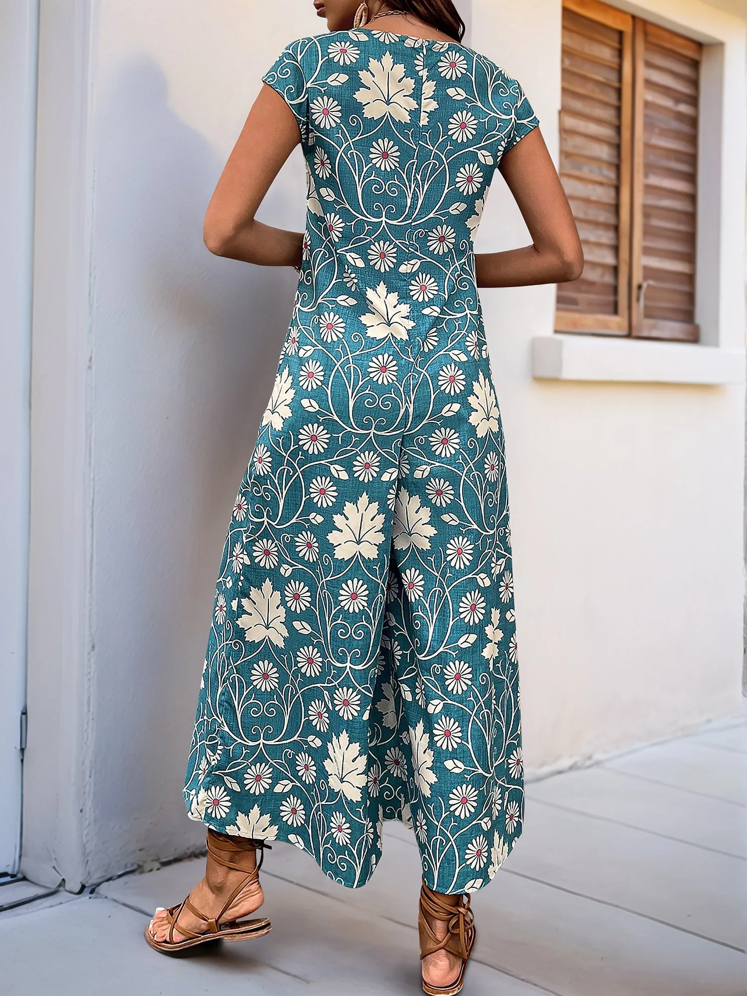 Floral Round Neck Short Sleeves Wide Leg Jumpsuits sold by Allegra K product image thumbnail 3