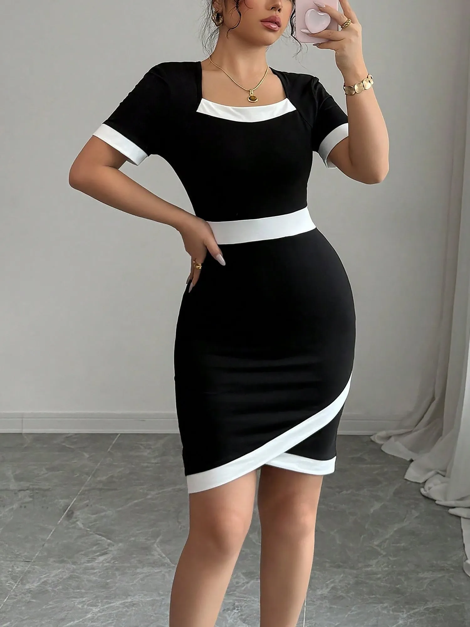Colorblock Short Sleeves Irregular Hem High Waist Dress sold by Allegra K