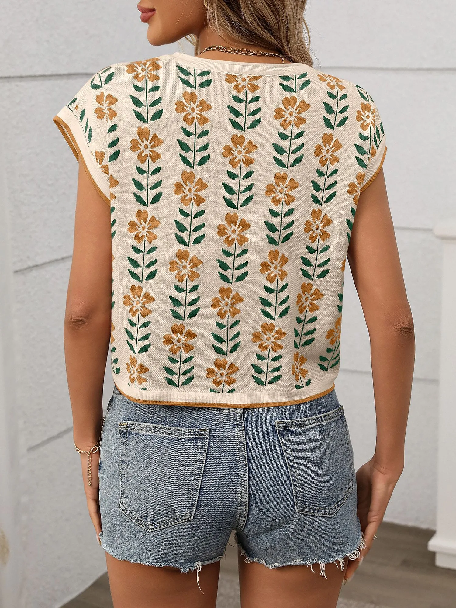 Floral Cap Sleeve Round Neck Casual Knit Top sold by Allegra K product image thumbnail 5