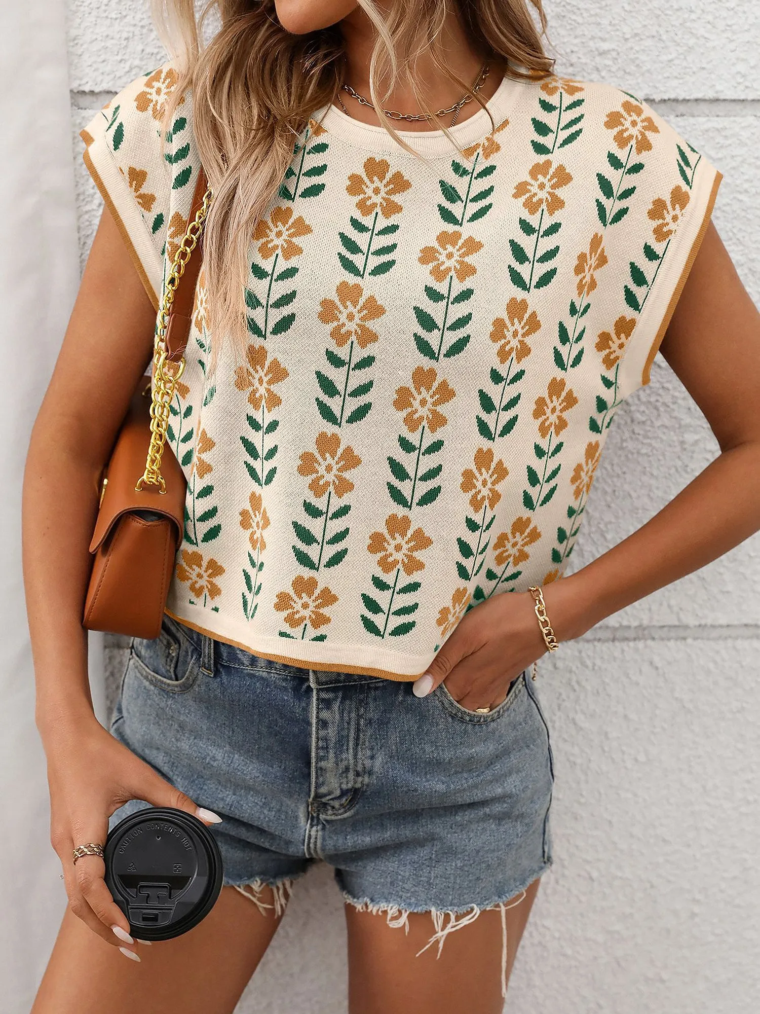 Floral Cap Sleeve Round Neck Casual Knit Top sold by Allegra K product image thumbnail 4