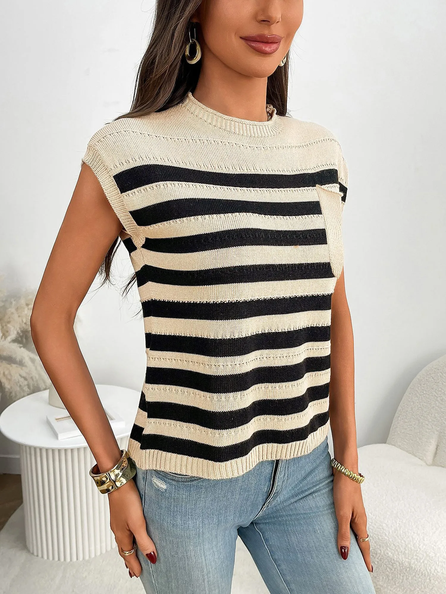 Crew Neck Casual Striped Cap Sleeves Knit Top sold by Allegra K product image thumbnail 4