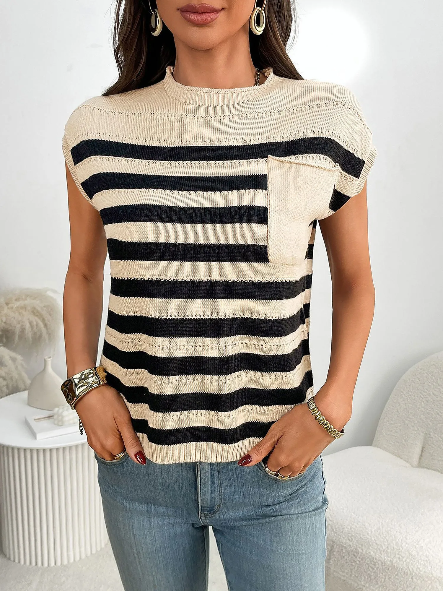 Crew Neck Casual Striped Cap Sleeves Knit Top sold by Allegra K product image thumbnail 2