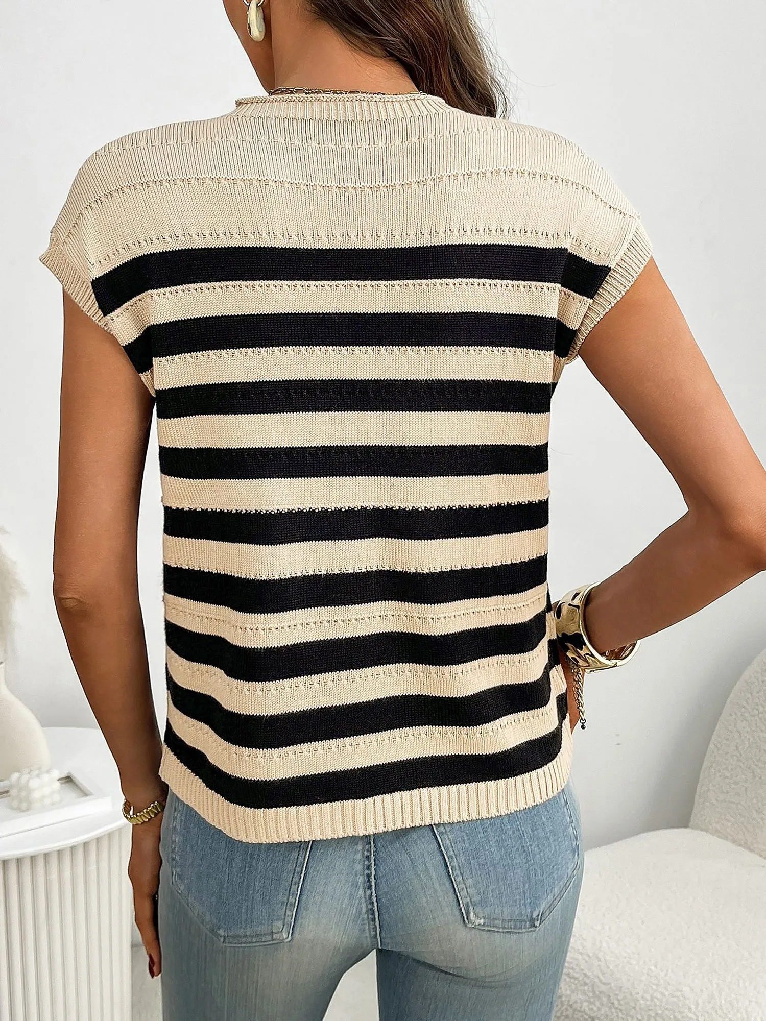 Crew Neck Casual Striped Cap Sleeves Knit Top sold by Allegra K product image thumbnail 5
