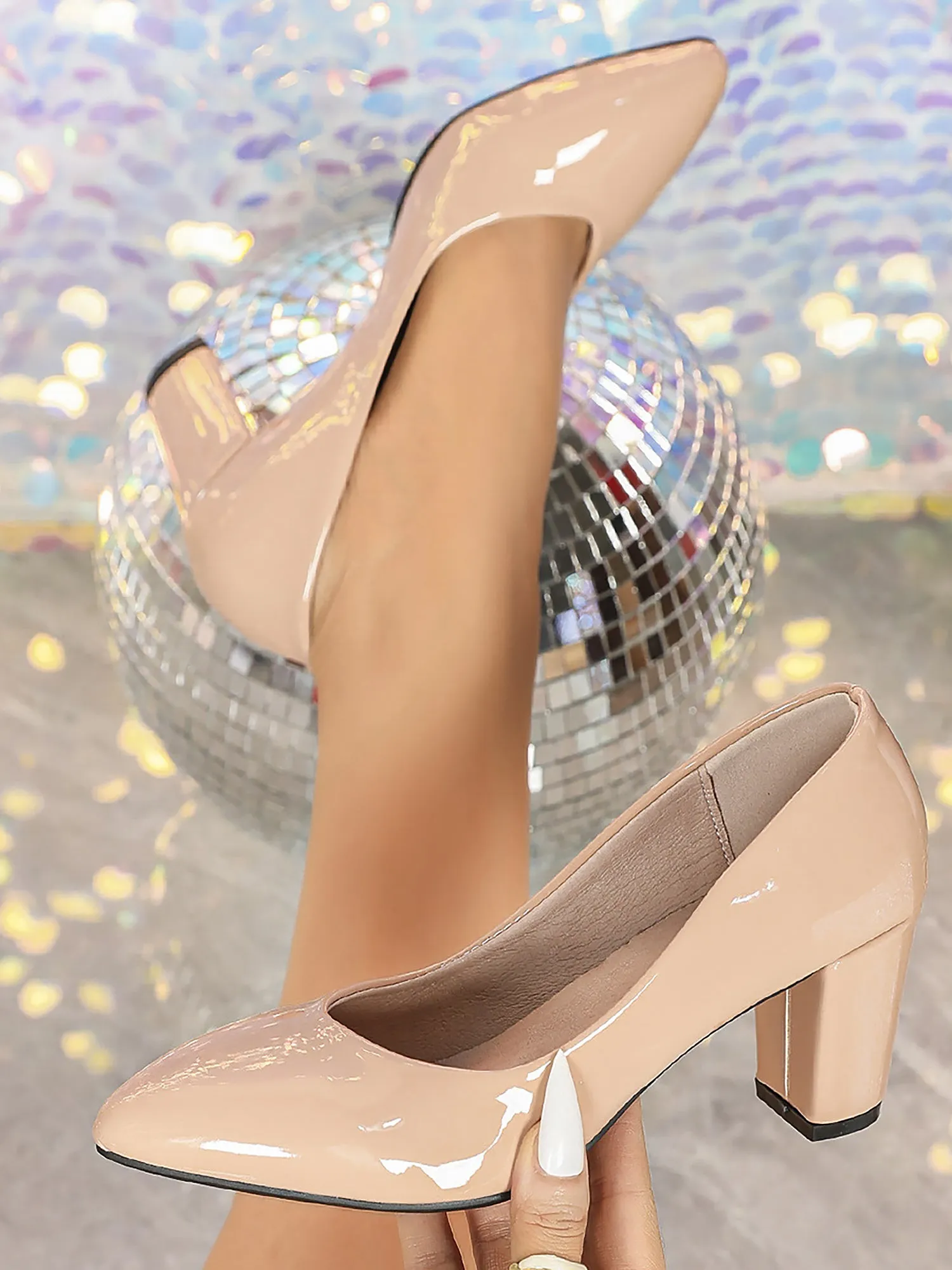 Pointed Toe Faux Leather Solid Color Chunky Heel Pumps sold by Allegra K product image thumbnail 4