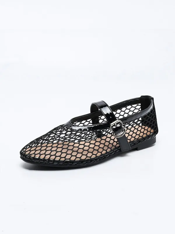 Sheer Mesh Faux Leather Mary Jane Flats sold by Allegra K