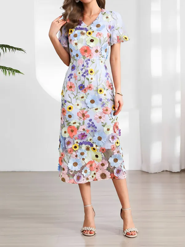 Flower Embroidered Puff Sleeves Midi Sheath Dress sold by Allegra K