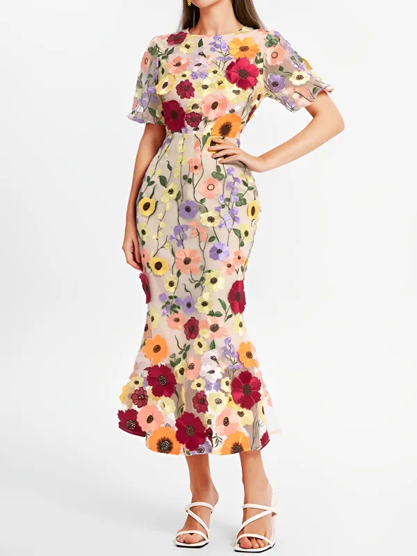 Flower Embroidery Short Sleeve Bodycon Fishtail Dress sold by Allegra K