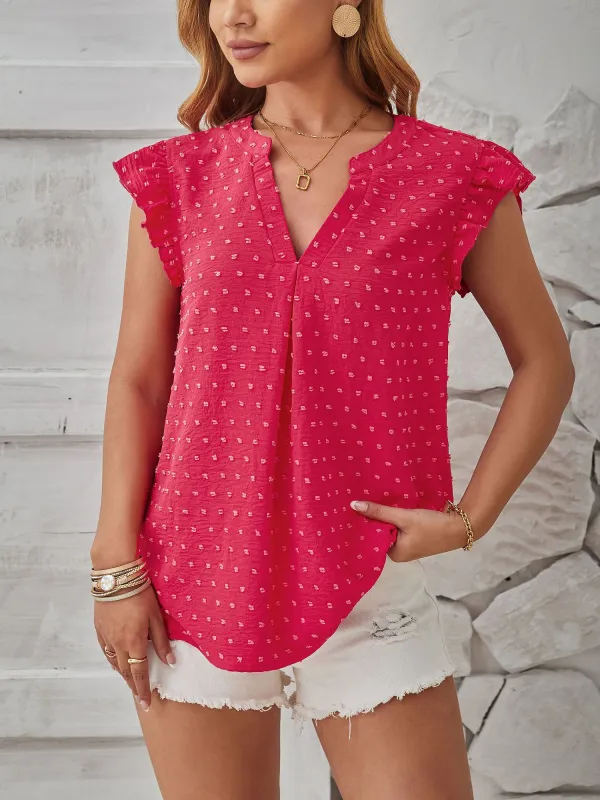 Notch Neck Cap Sleeves Swiss Dots Casual Blouse sold by Allegra K