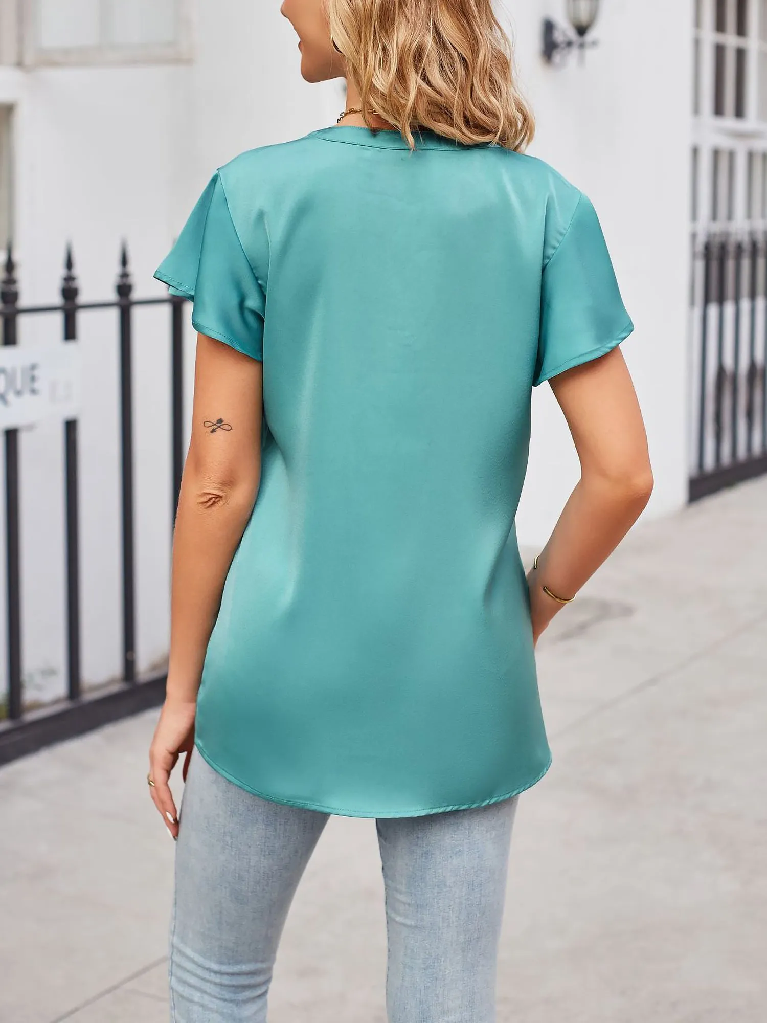 Satin Notch Neck Ruffled Sleeves Casual Blouse sold by Allegra K product image thumbnail 4