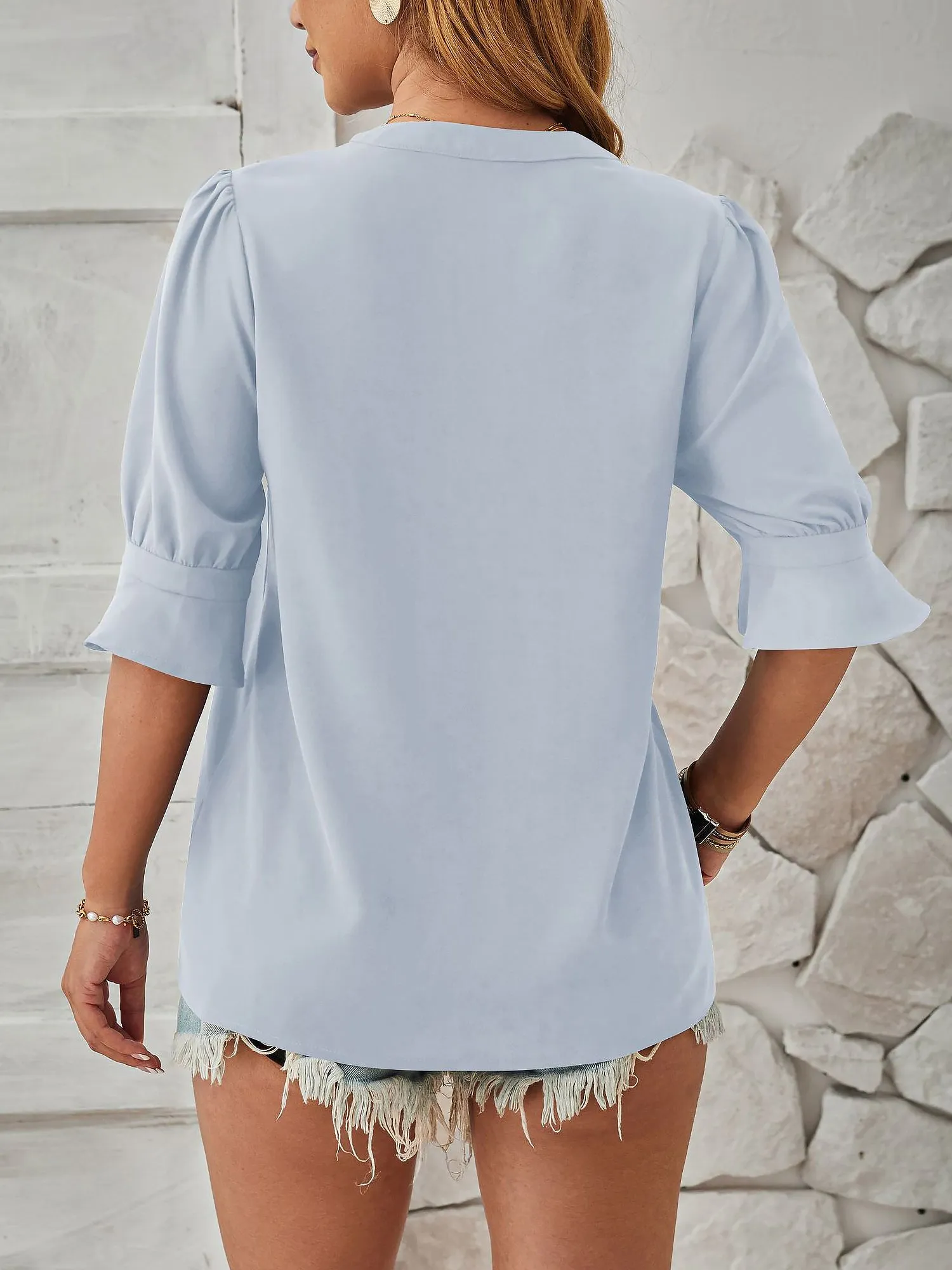 Solid Color V Neck 3/4 Sleeve Casual Blouse sold by Allegra K product image thumbnail 5
