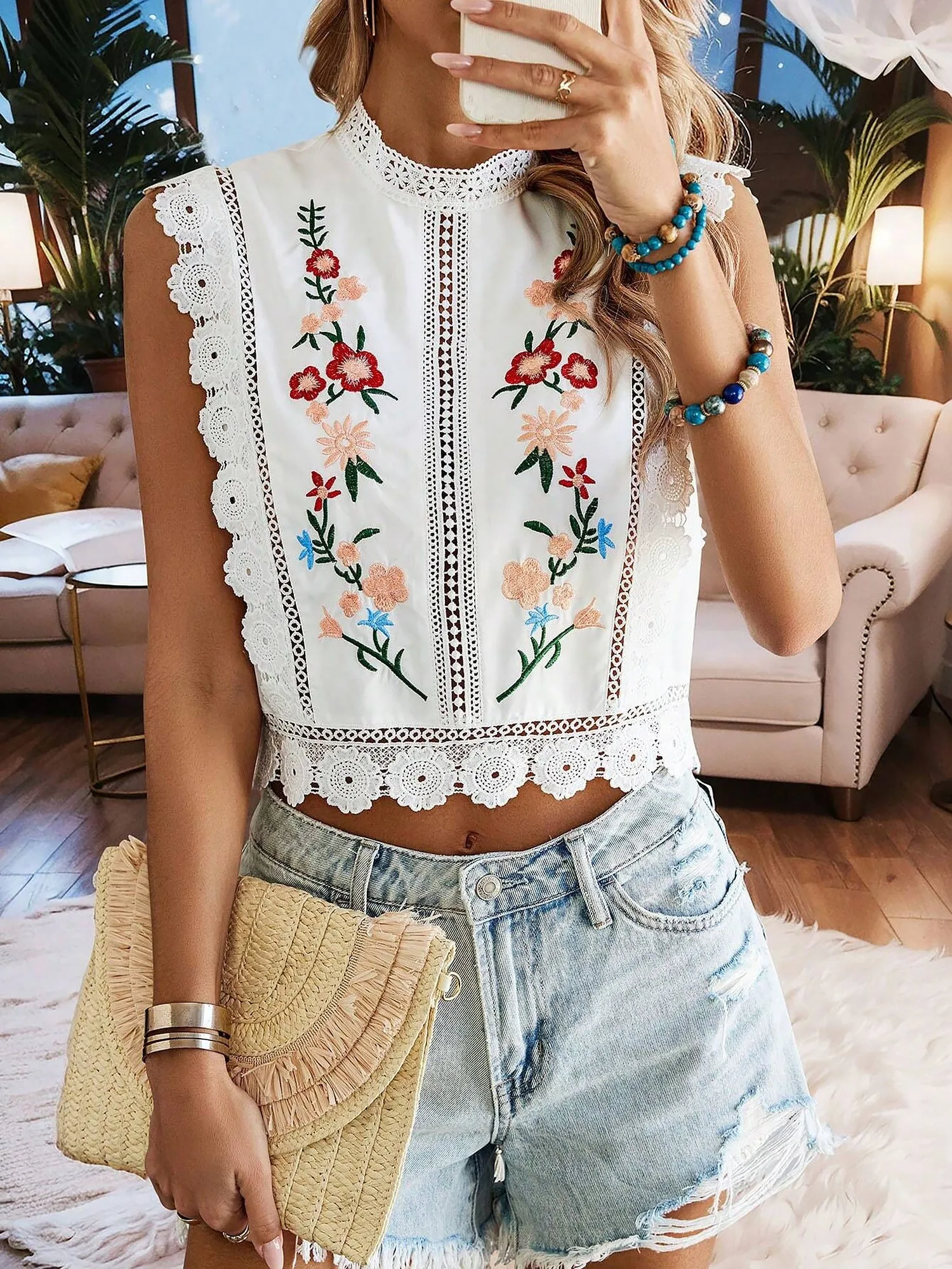 Lace Trim Embroidered Sleeveless Cropped Blouse sold by Allegra K