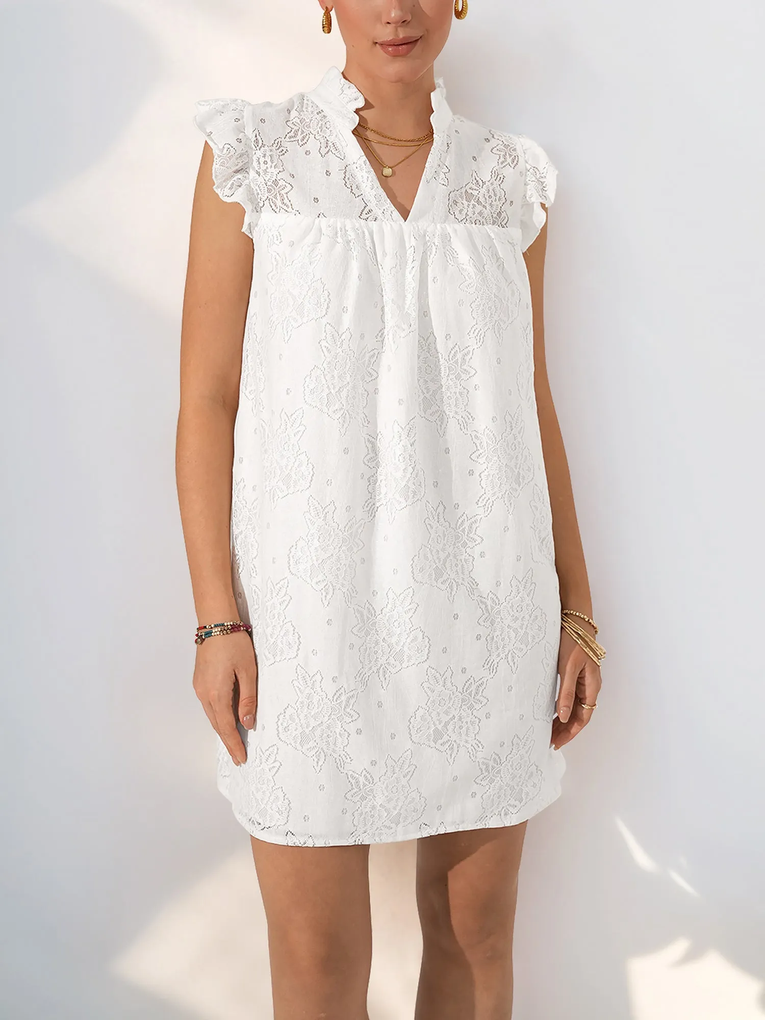 Lace Ruffled Cap Sleeves Casual Mini Dress sold by Allegra K
