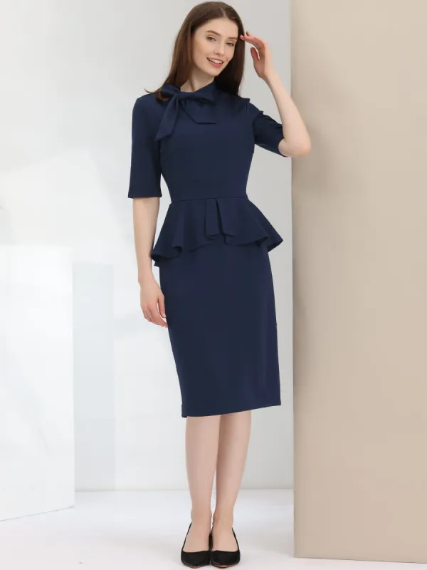 Round Neck Pencil Bow Ruffle Business Peplum Solid Color Dress sold by Allegra K